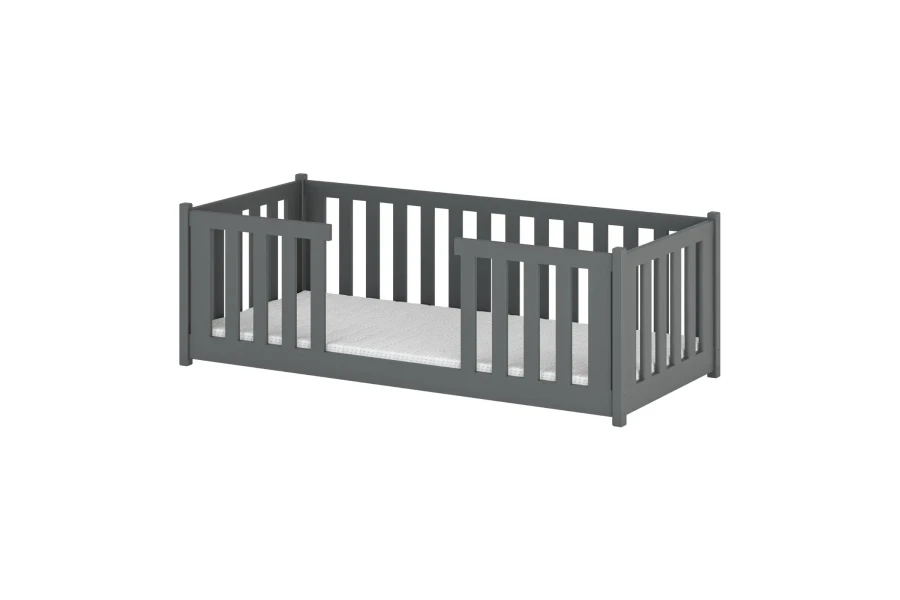 Niedriges Kinderbett in Graphit mit praktischem Rausfallschutz.