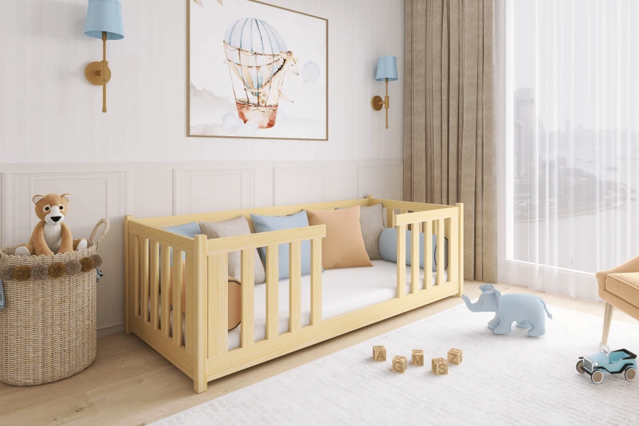 Modernes Kinderzimmer-Interieur mit gemütlichem Holzbett und Spielzeug.