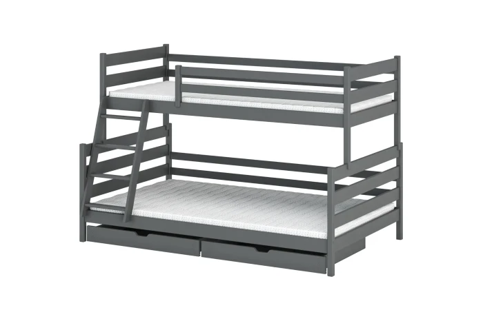 Grijs stapelbed van massief hout met twee grote bedladen en een schuine ladder.