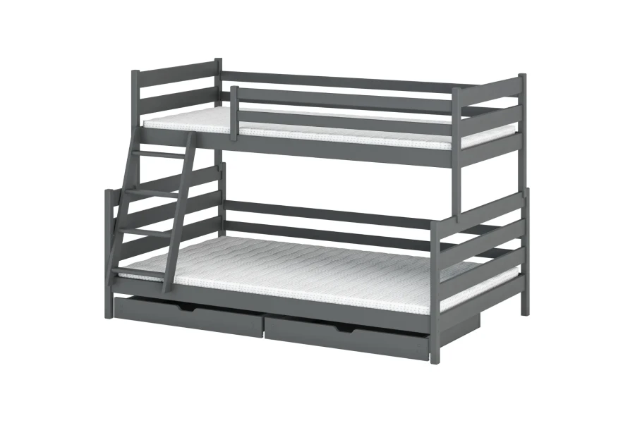 Grijs stapelbed van massief hout met twee grote bedladen en een schuine ladder.