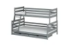 Graues Stockbett aus Massivholz mit Leiter und zwei praktischen Bettschubkästen.