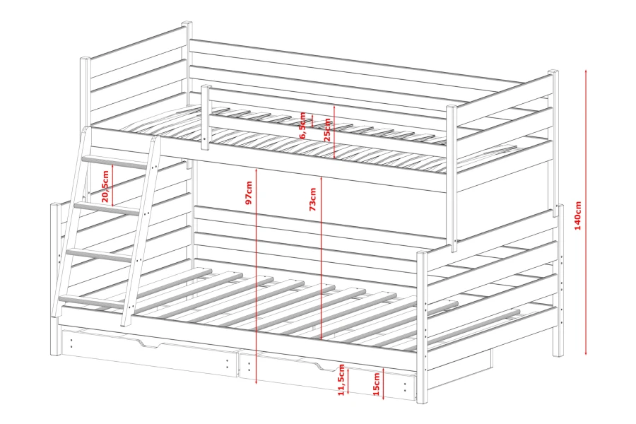 Technische Zeichnung mit Maßen für das Etagenbett: Höhe 140cm, Leiter und Schubladen Details.