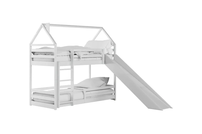 Wit stapelbed in huislook met glijbaan voor de kinderkamer.