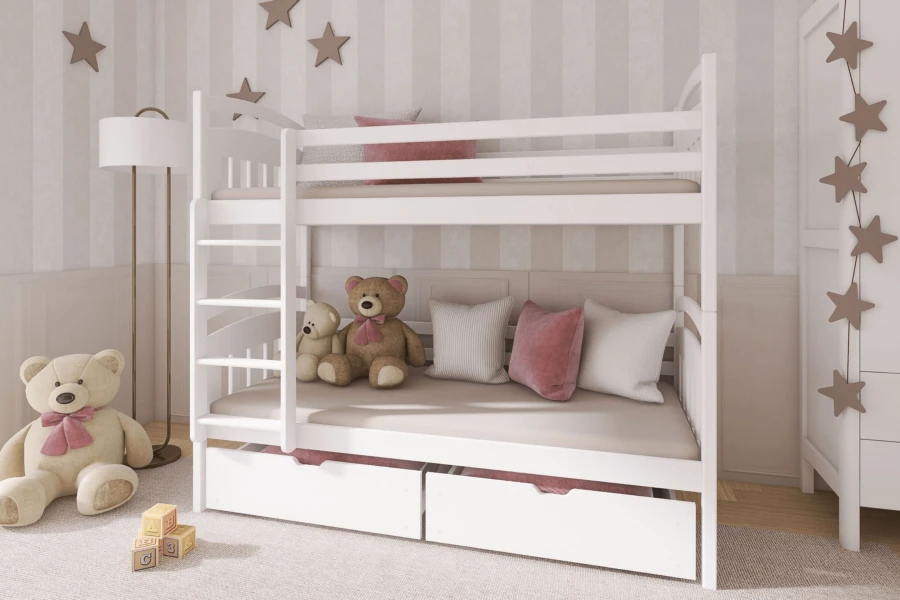 Weißes Kinder-Etagenbett mit Rausfallschutz und Schubladen im modern eingerichteten Zimmer.