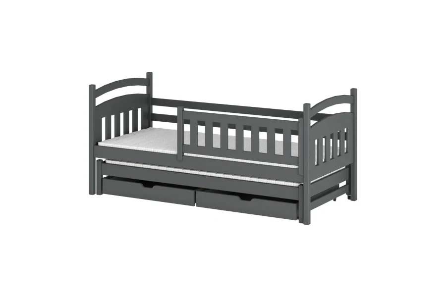 Graues Kinderbett aus Holz mit ausziehbarer Gästeliege und zwei praktischen Schubladen.