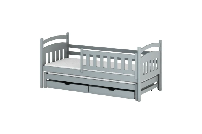 Graues Massivholz-Kinderbett mit Ausziehfunktion und zwei Schubladen für optimalen Stauraum.