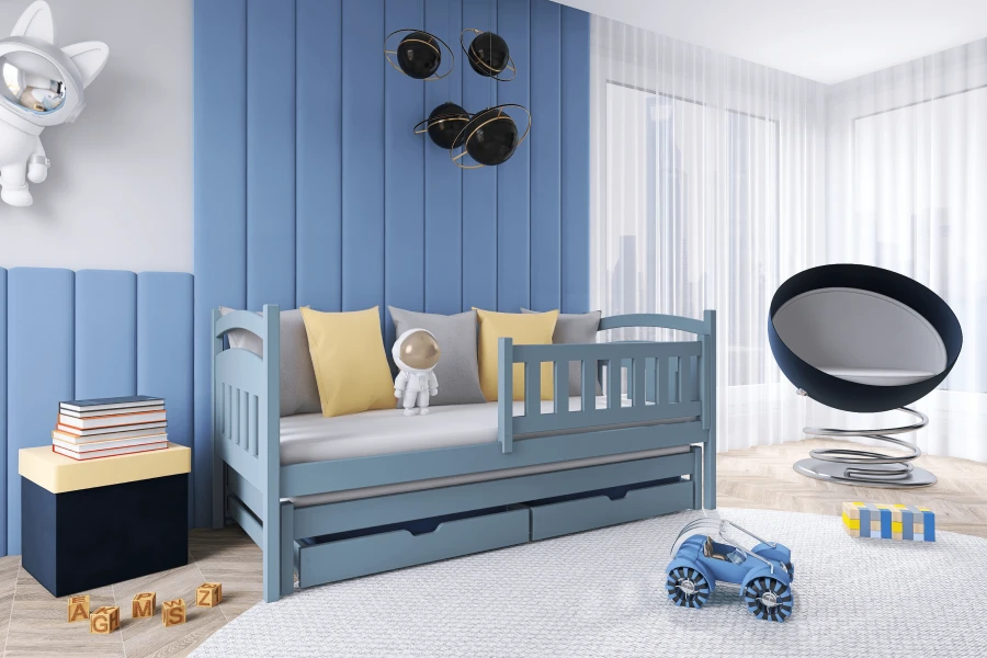Blaues Kinderbett im Weltraum-Zimmer mit praktischem Auszug und modernem Design für Jungen und Mädchen.