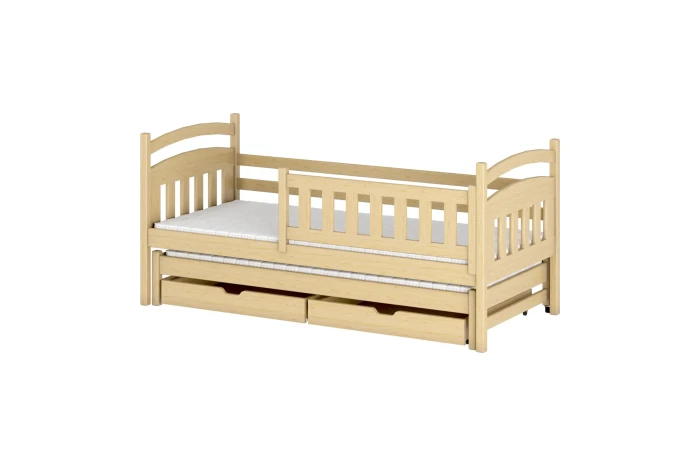 Massivholz Kinderbett aus Kiefer Natur mit Ausziehbett und praktischen Schubladen.