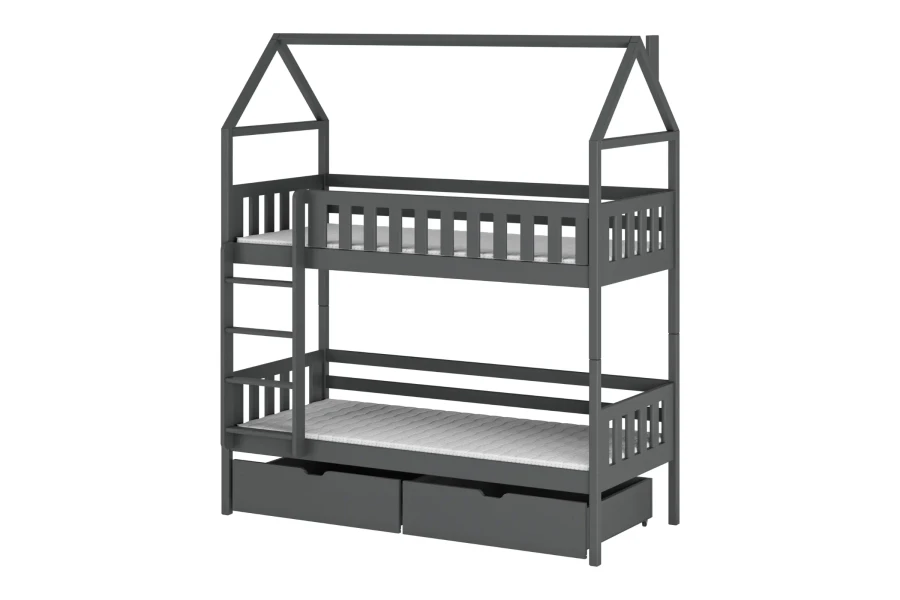 Modern grey house-bunk bed for children with practical drawers.