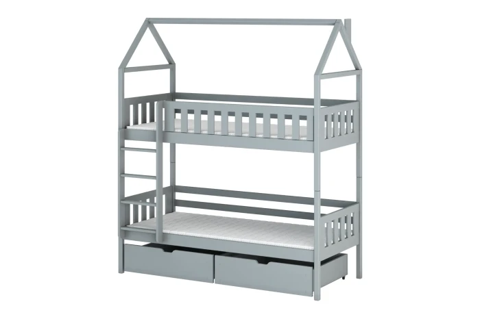Grijs huisbed-stapelbed voor kinderen met ladder en twee praktische laden onder het bed.