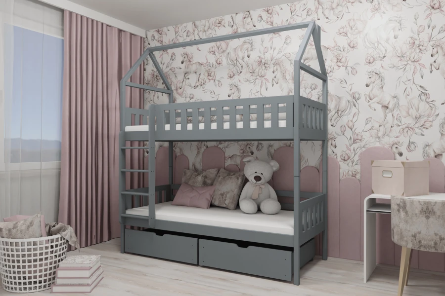 Cozy children's room with grey house bed bunk bed in front of a unicorn wallpaper with pink accents.