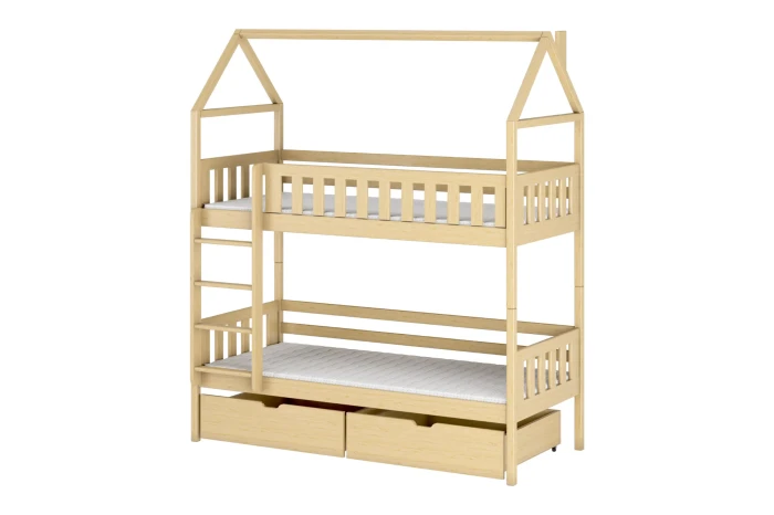 Kinder-Hausbett aus massivem Kiefernholz in Natur-Optik mit zwei Bettschubladen.