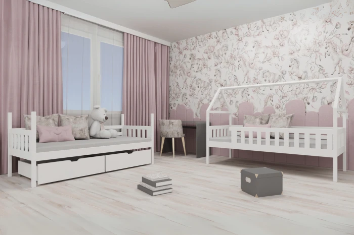 Eingerichtetes Kinderzimmer für Mädchen mit weißen Betten und Einhorn-Tapete.