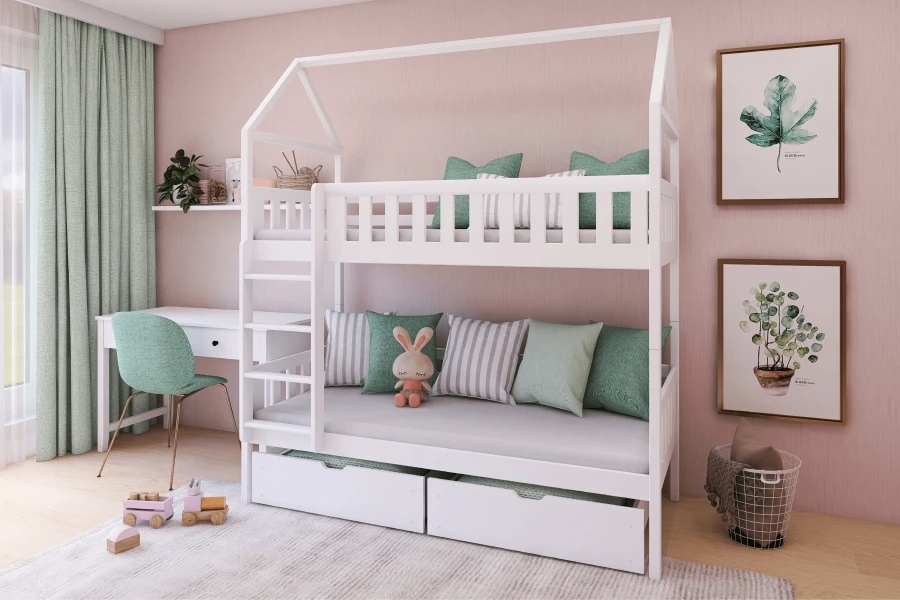 Modern white house bunk bed with desk and green accents