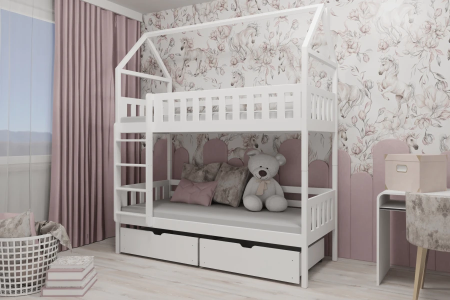 Kinderstapelbed in huisoptiek voor speels eenhoornbehang in roze