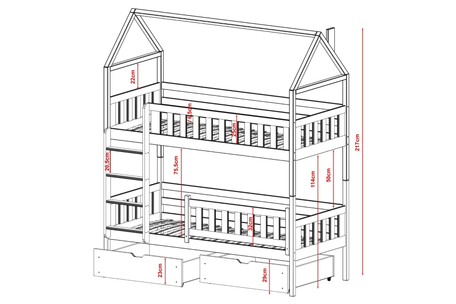 Maatschets en technische tekening van het stapelbed in huisvorm