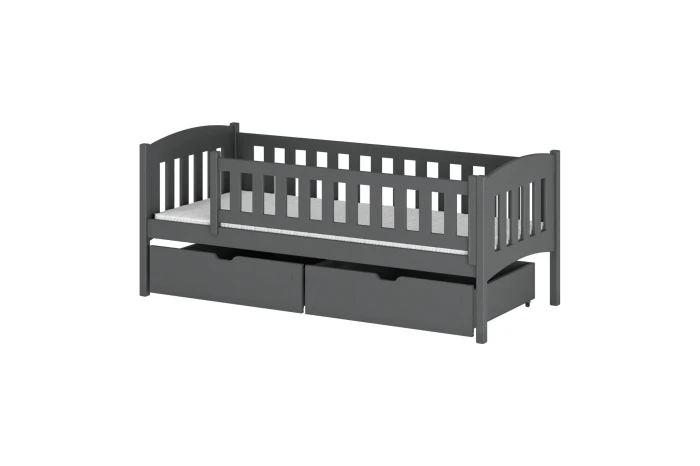 Graues Kinderbett aus Massivholz mit Rausfallschutz und zwei praktischen Schubladen.