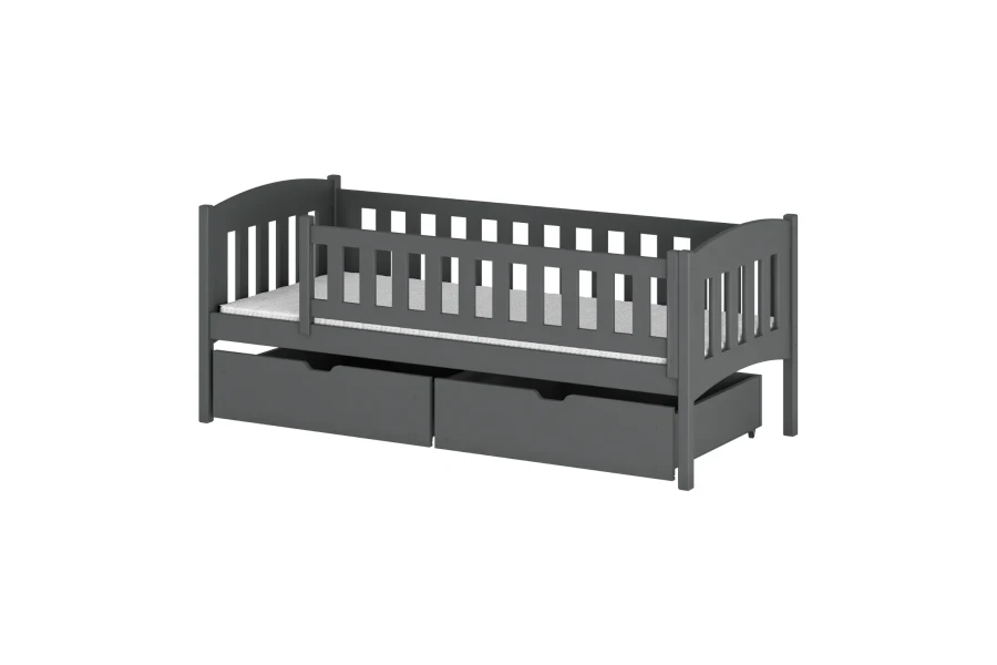 Graues Kinderbett aus Massivholz mit Rausfallschutz und zwei praktischen Schubladen.