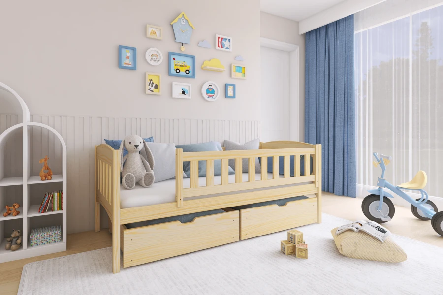 Modernes Kinderzimmer-Design mit Massivholz-Kinderbett, Spielzeug und blauen Akzenten.