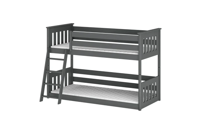 Grijs houten stapelbed met ladder en uitvalbeveiliging voor de kinderkamer.