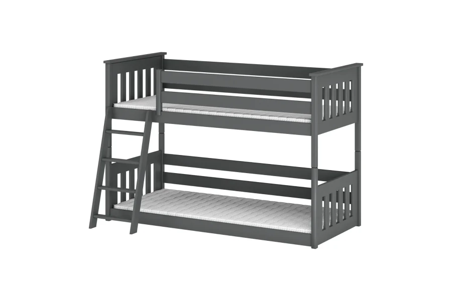 Grey wooden bunk bed with ladder and fall protection for the children's room.