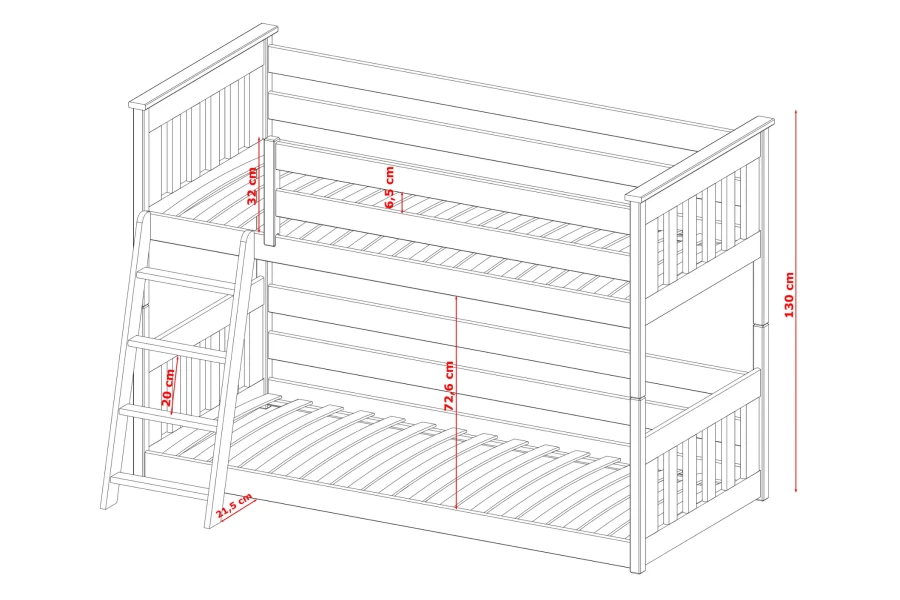 Technical drawing of a bunk bed with detailed dimensions for children.