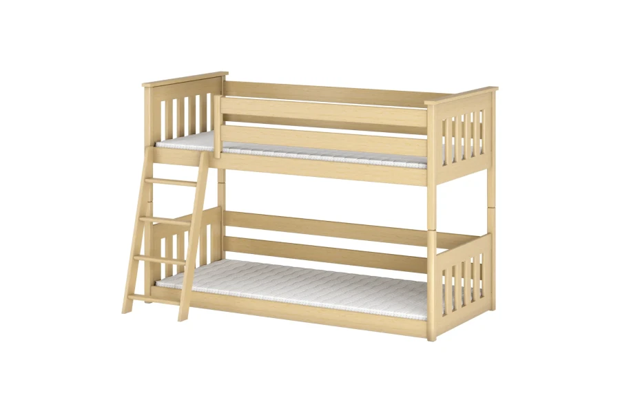 Stapelbed van massief grenenhout in natuurlijke look met twee ligoppervlakken en ladder.