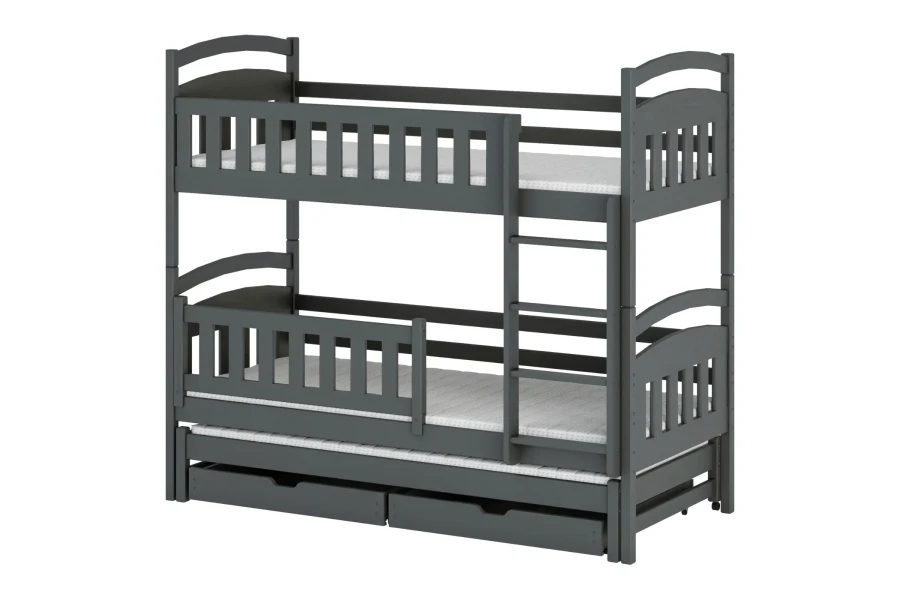 Grijs stapelbed van grenenhout met extra uitschuifbed en laden.