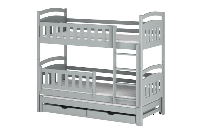 Graues Etagenbett für 3 Personen mit Ausziehbett und Schubladen, Massivholz-Design für Kinderzimmer.