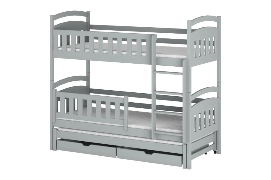 Grijs stapelbed voor 3 personen met uitschuifbed en laden, massief houten ontwerp voor kinderkamer.