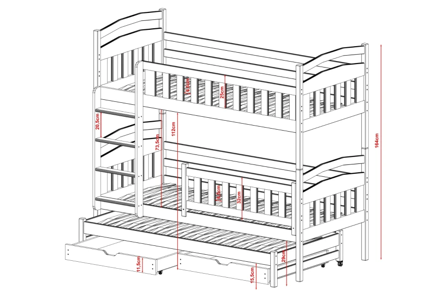 Maatschets voor een 3-persoons stapelbed met gedetailleerde afmetingen in centimeters voor ruimtelijke planning.