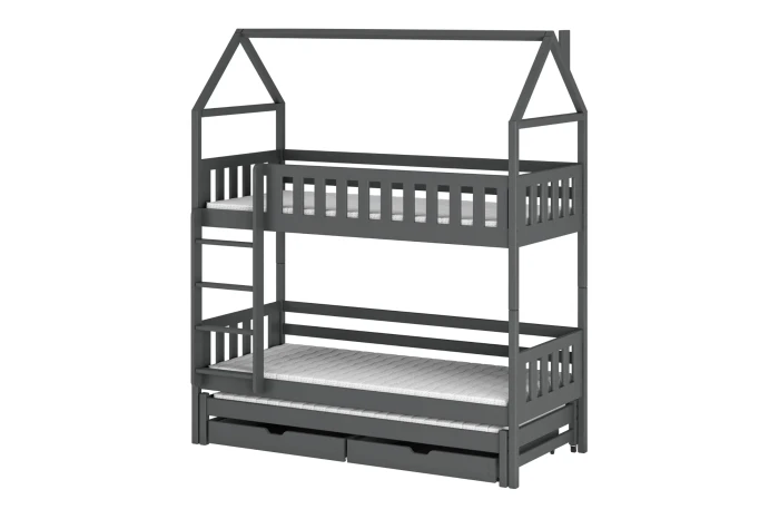Grey bunk bed in house look with three sleeping areas and bed box
