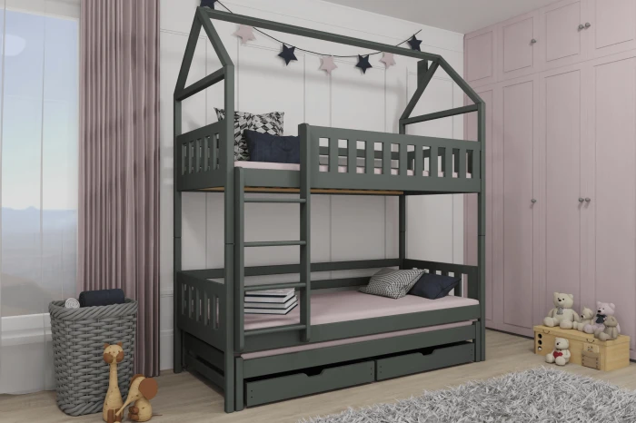Graues Etagenbett in Hausform für Kinder mit Ausziehbett und Schubladen im gemütlichen Kinderzimmer.