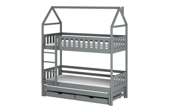 Graues Etagenbett für Kinder in Hausoptik mit integriertem Rausfallschutz und Bettkasten.