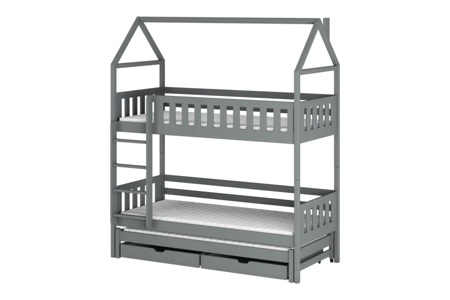 Grey bunk bed for children in house look with integrated fall protection and bed drawer.