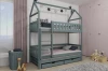 Grey bunk bed in house form for children with pull-out bed and drawers in a cosy children's room.