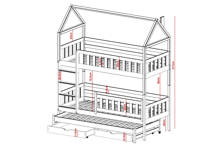 Dimensional sketch of the house bunk bed with exact measurements for the three lying surfaces.