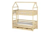 Licht kinder-stapelbed in huisvorm van grenen met derde uitschuifbed en laden.