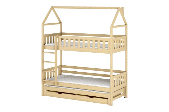 Licht kinder-stapelbed in huisvorm van grenen met derde uitschuifbed en laden.