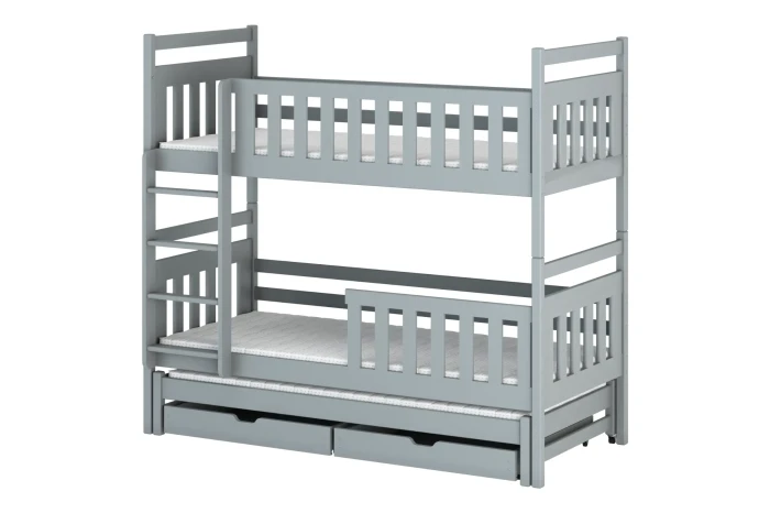 Grijs houten stapelbed met uitschuifbed en twee praktische laden.