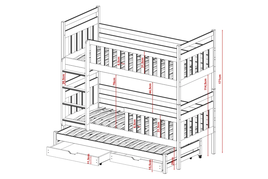 Technische tekening met gedetailleerde afmetingen voor het 3-persoons stapelbed.