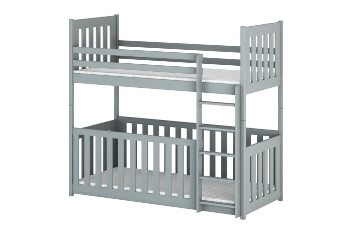 Grey bunk bed made of solid wood with ladder and high fall protection for maximum safety.
