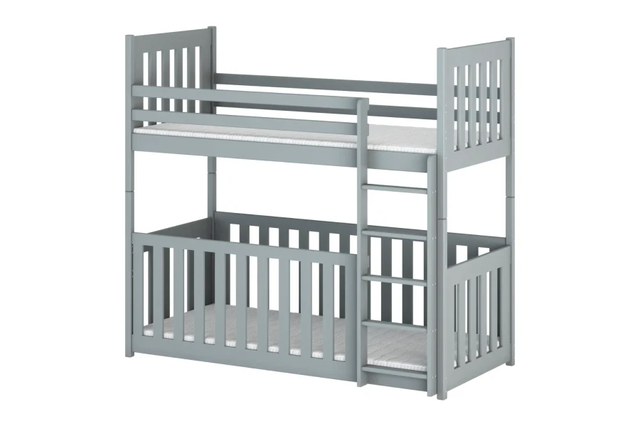 Grijs stapelbed van massief hout met ladder en hoge uitvalbeveiliging voor maximale veiligheid.