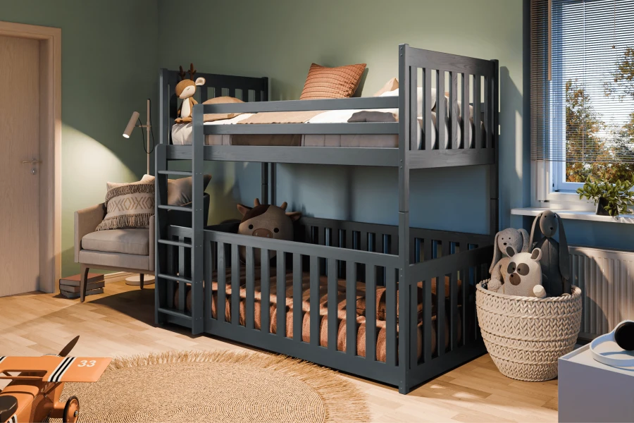 Antracietkleurig stapelbed van hout in een moderne kinderkamer-ambiance met gezellige decoratie.