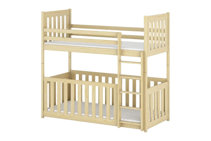 Stapelbed van natuurlijk hout met uitvalbeveiliging en ladder voor de kinderkamer.