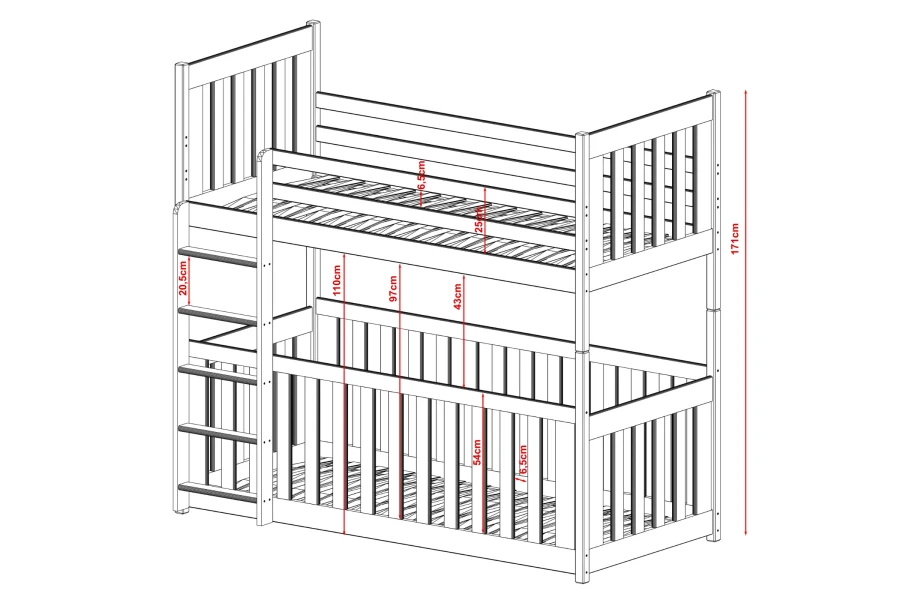 Technische tekening en afmetingen van het witte stapelbed met spijlenbedfunctie.