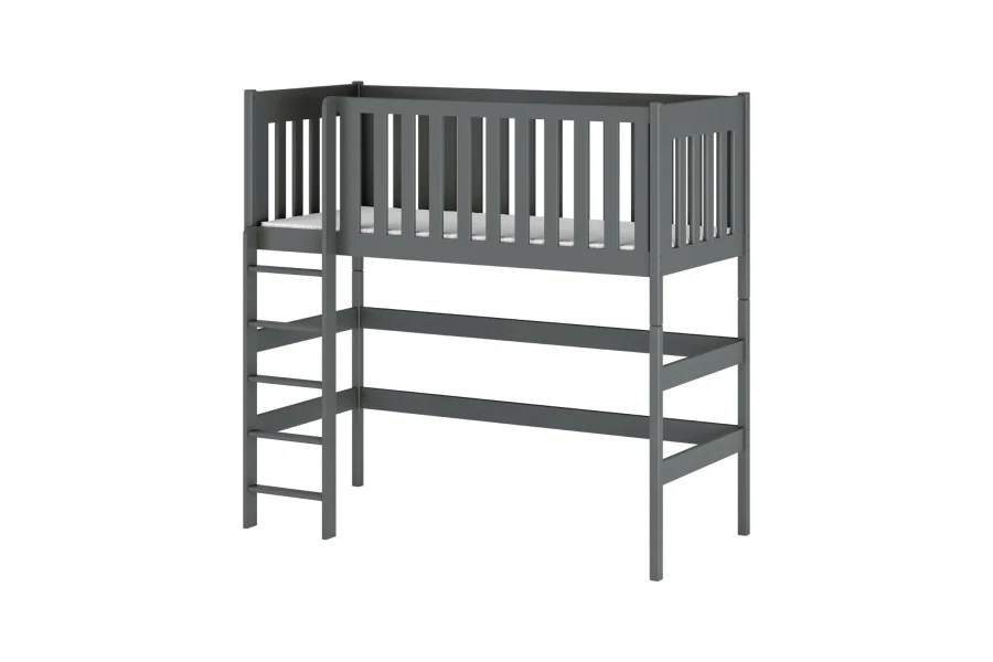 Graues Kinderhochbett aus Massivholz mit Leiter und Rausfallschutz.