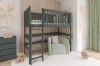 Modernes Kinderzimmer mit grauem Hochbett und gemütlicher Sitzecke.