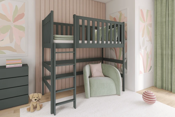 Modernes Kinderzimmer mit grauem Hochbett und gemütlicher Sitzecke.