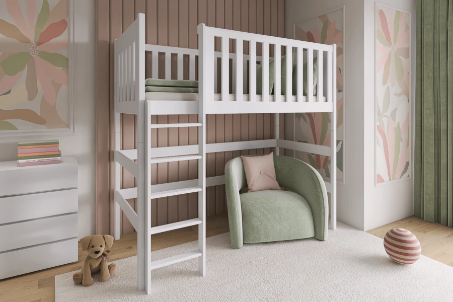 Modernes weißes Hochbett mit Leiter und gemütlichem Sessel im Kinderzimmer mit Blumen-Wanddeko.